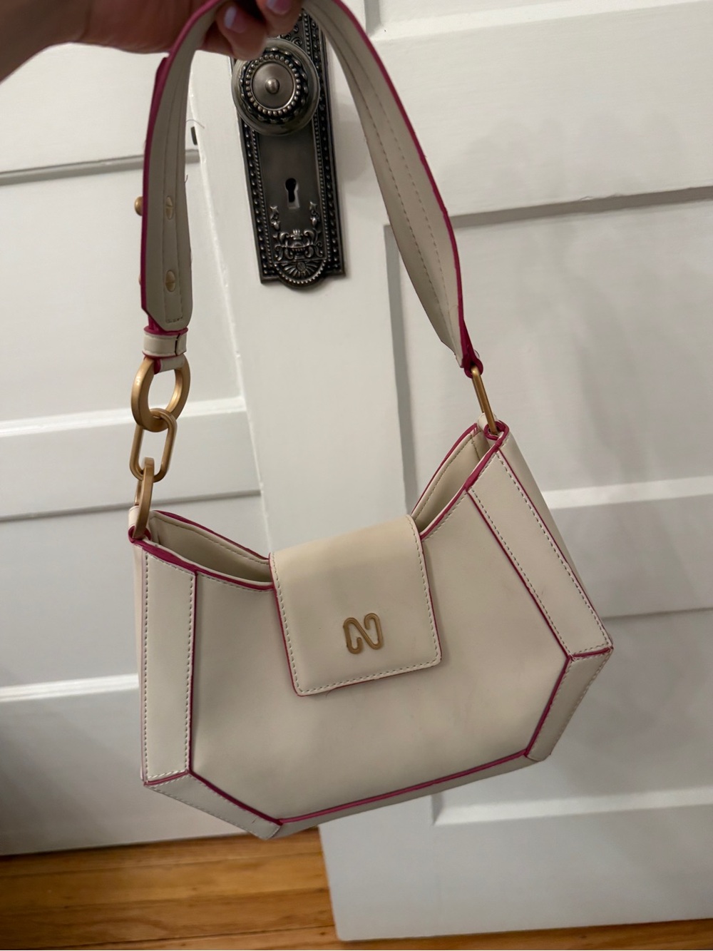 Cream Shoulder Bag with Pink Trim